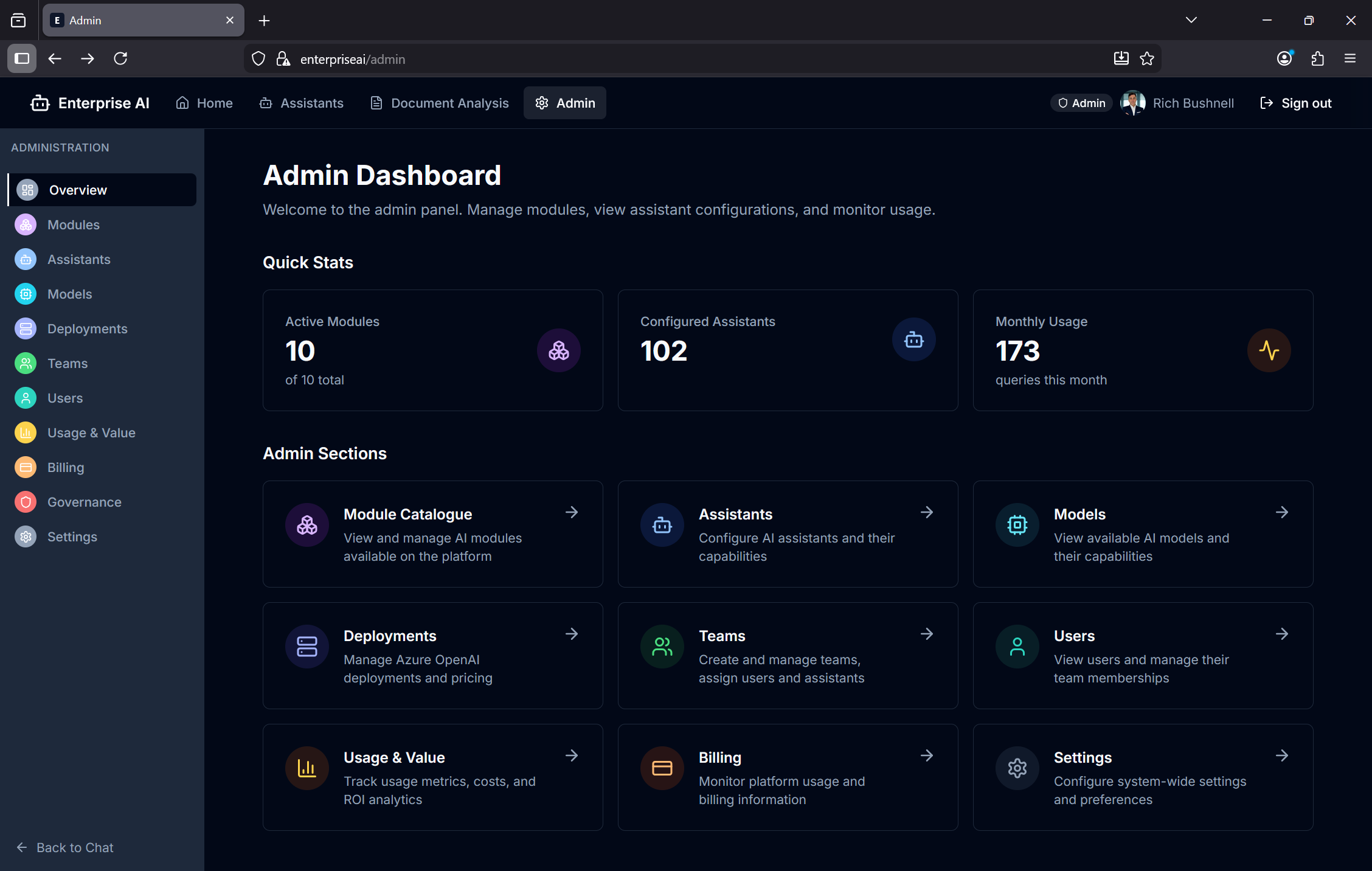 Admin configuration panel for AI assistants