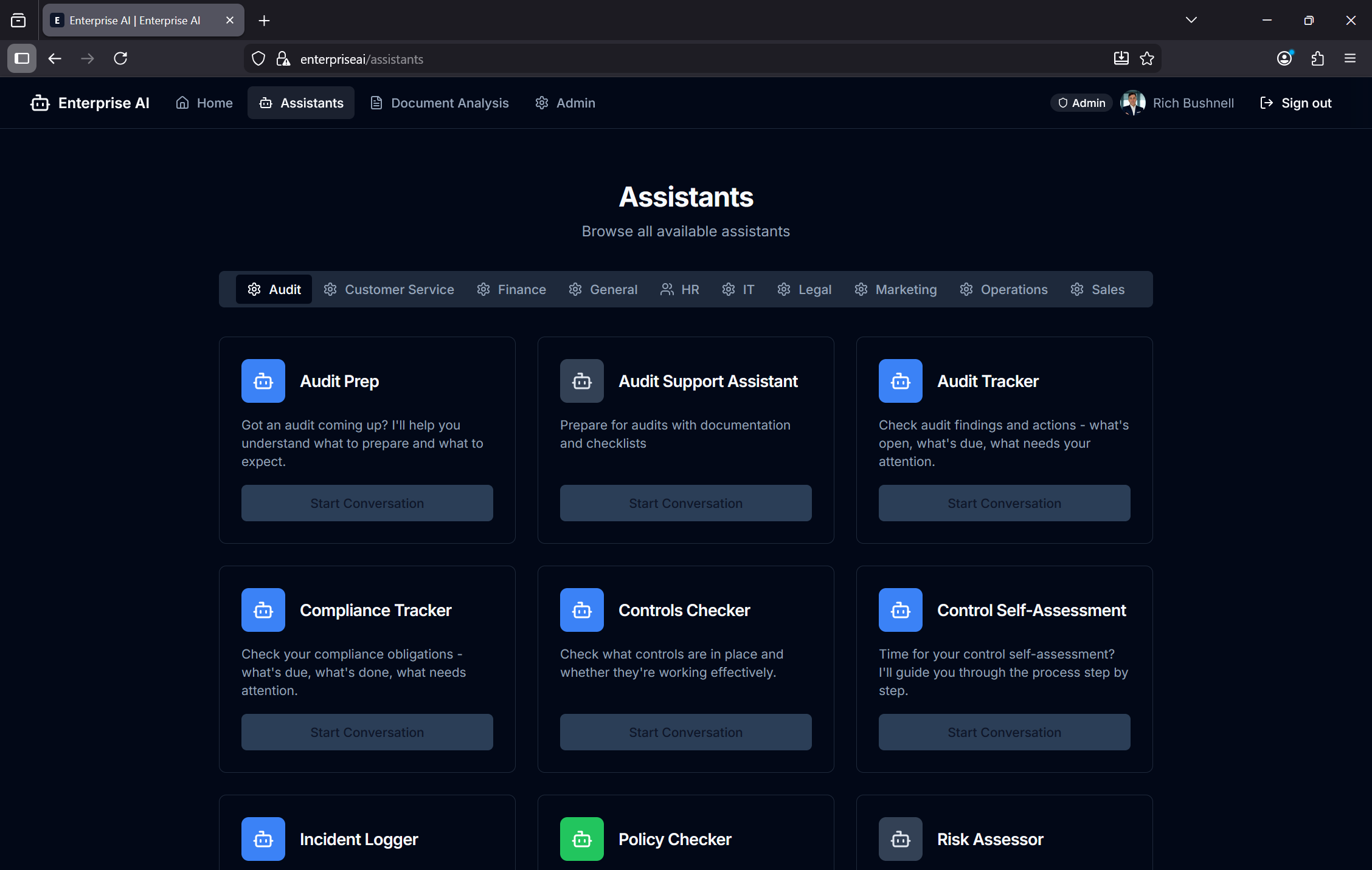 Ajutant assistant selection interface showing HR Policy, Contract Review, and H&S Compliance assistants