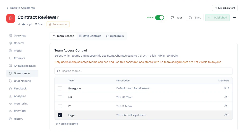 Team access control for an assistant